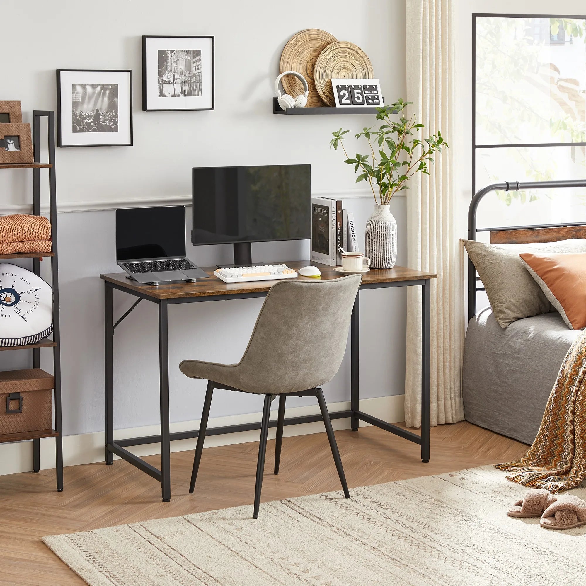 VASAGLE Small Computer Desk: 60x120x76 cm. For Home Office, Study, Bedroom. Industrial Style, Metal Frame. Rustic Brown & Black.