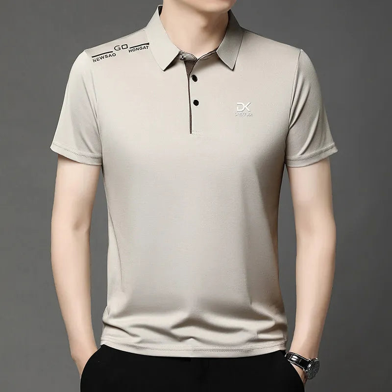 New Men's Business Casual Short Sleeved Shirt with Badge Solid Color Polo Shirt Fashionable Breathable Comfortable Versatile Top
