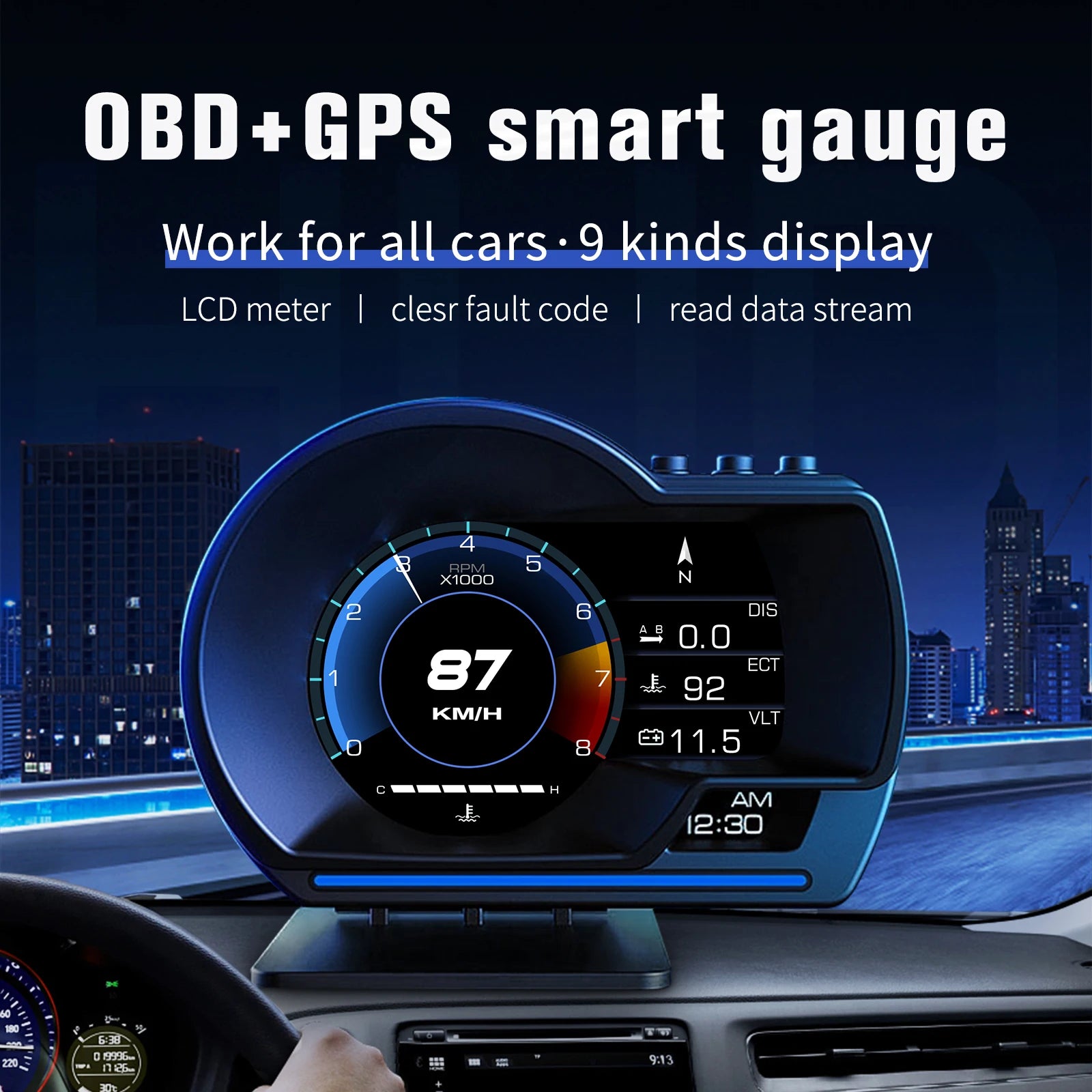 Head Up Display OBD2+GPS Smart Gauge Car HUD Speedometer Turbo RPM Alarm for Car Truck