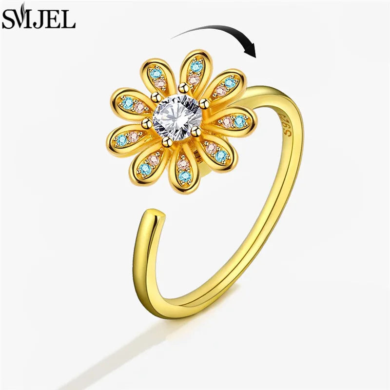 Ethnic Fashion Daisy Flower Anxiety Ring Adjustable Women Girls Worry Stress Relief Jewelry Spinning Fidget Rings Party Gifts