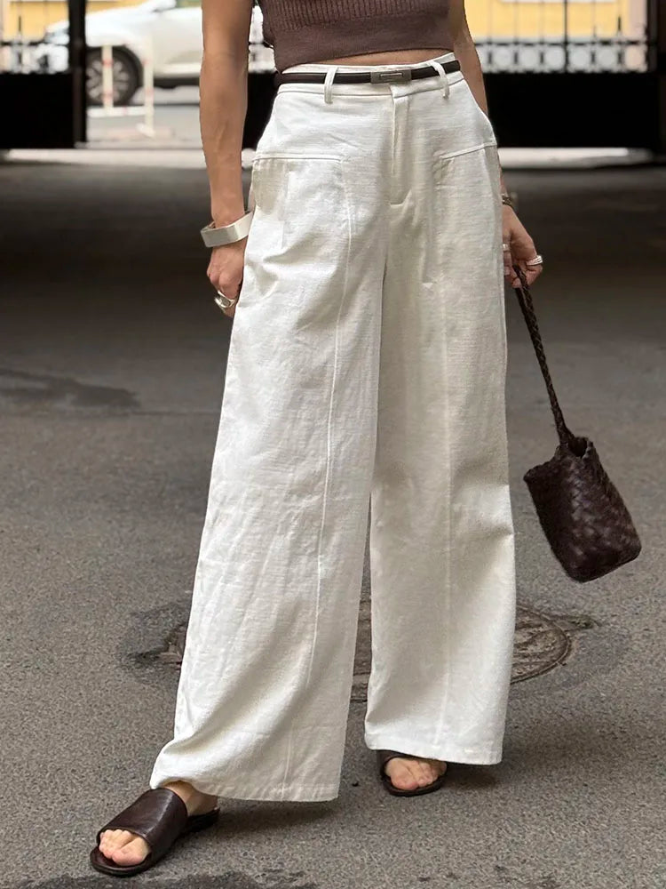 Summer White Pants For Women Cotton Formal High Waist Wide Leg Trousers Ladies Elegant Summer Women's Pants Straight Leg Office