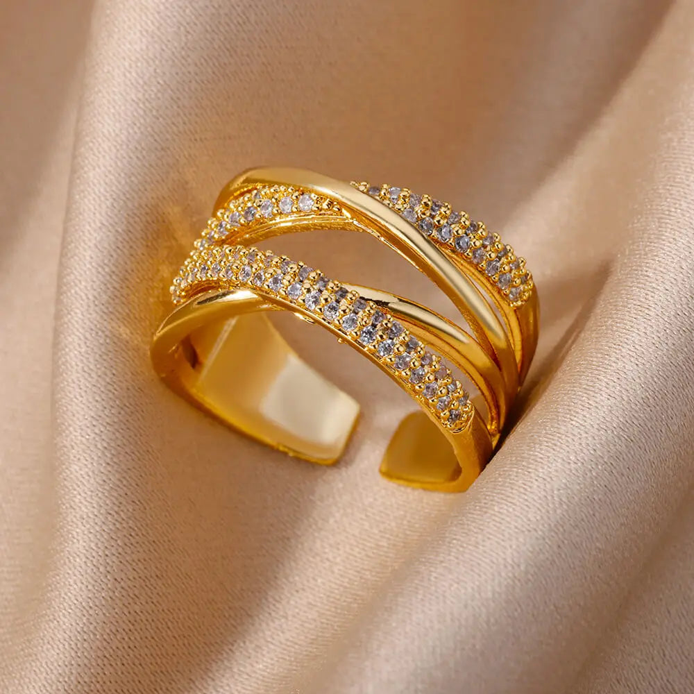 Fashion Chain Hollow Out Rings For Women Gold Color Stainless Steel Zircon Cross Open Ring Trendy Wedding Aesthetic Jewerly Gift