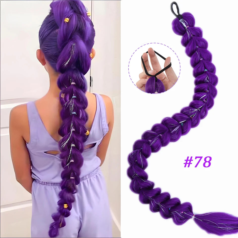 32inch Braided Purple Synthetic Ponytail with Tinsel Hair Wig Super Extensions Shiny Tinsel Hair for Kids Christmas Cosplay Hair