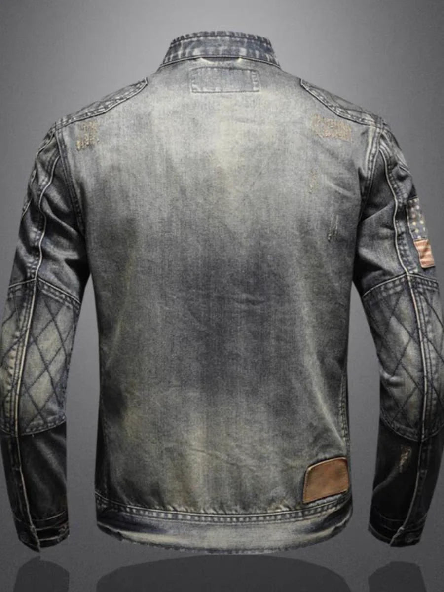 2024 new men's denim jacket trendy retro fashion casual stand-up collar zipper jacket handsome riding biker clothing denim tops