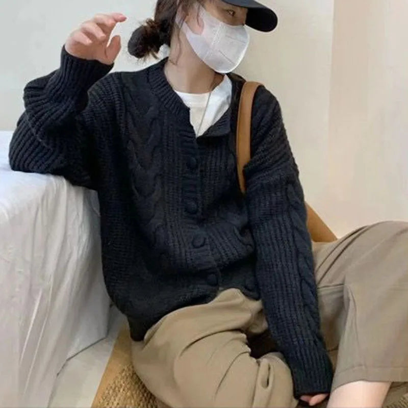 Autumn Twist Knitted Cardigan Womem Winter Thicken Warm O Neck Sweater Jacket Female Solid Button Up Long Sleeve Crop Knitwear