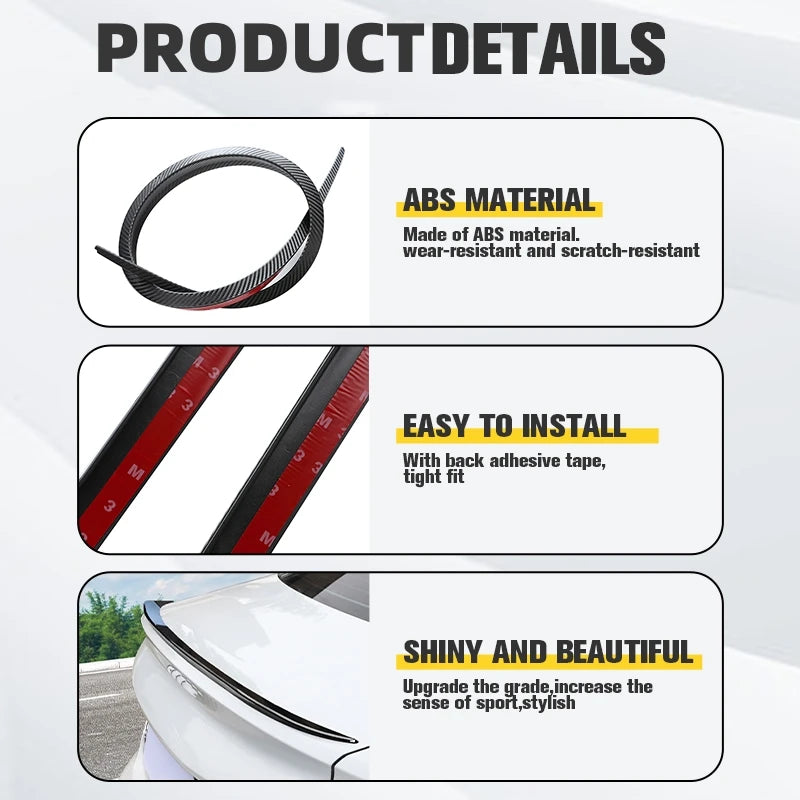 1.2M Universal Flexible PU Car Spoiler Lip Soft Rubber Roof Trunk Wing Sticker Trim Self-adhesive Bonnet Hatch Gate Decorative