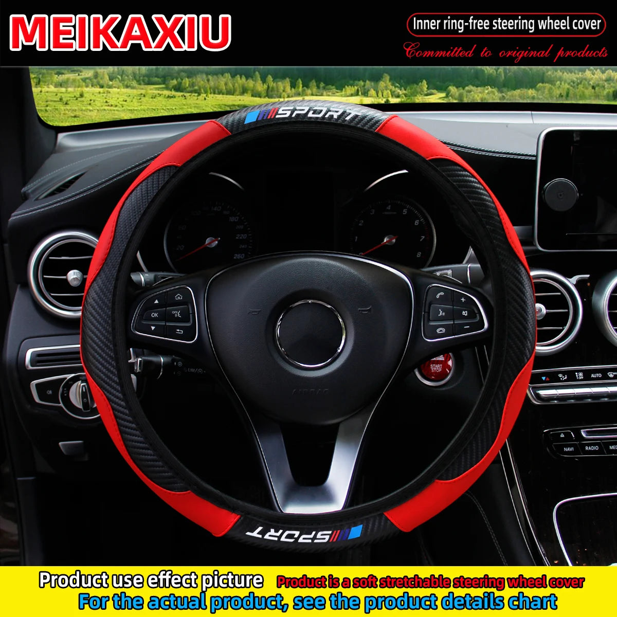 Carbon Fiber Leather Sport Steering Wheel Cover Rimless Universal Fit for 14.5-15 Inch Car Steering Wheels Decorative Accessory