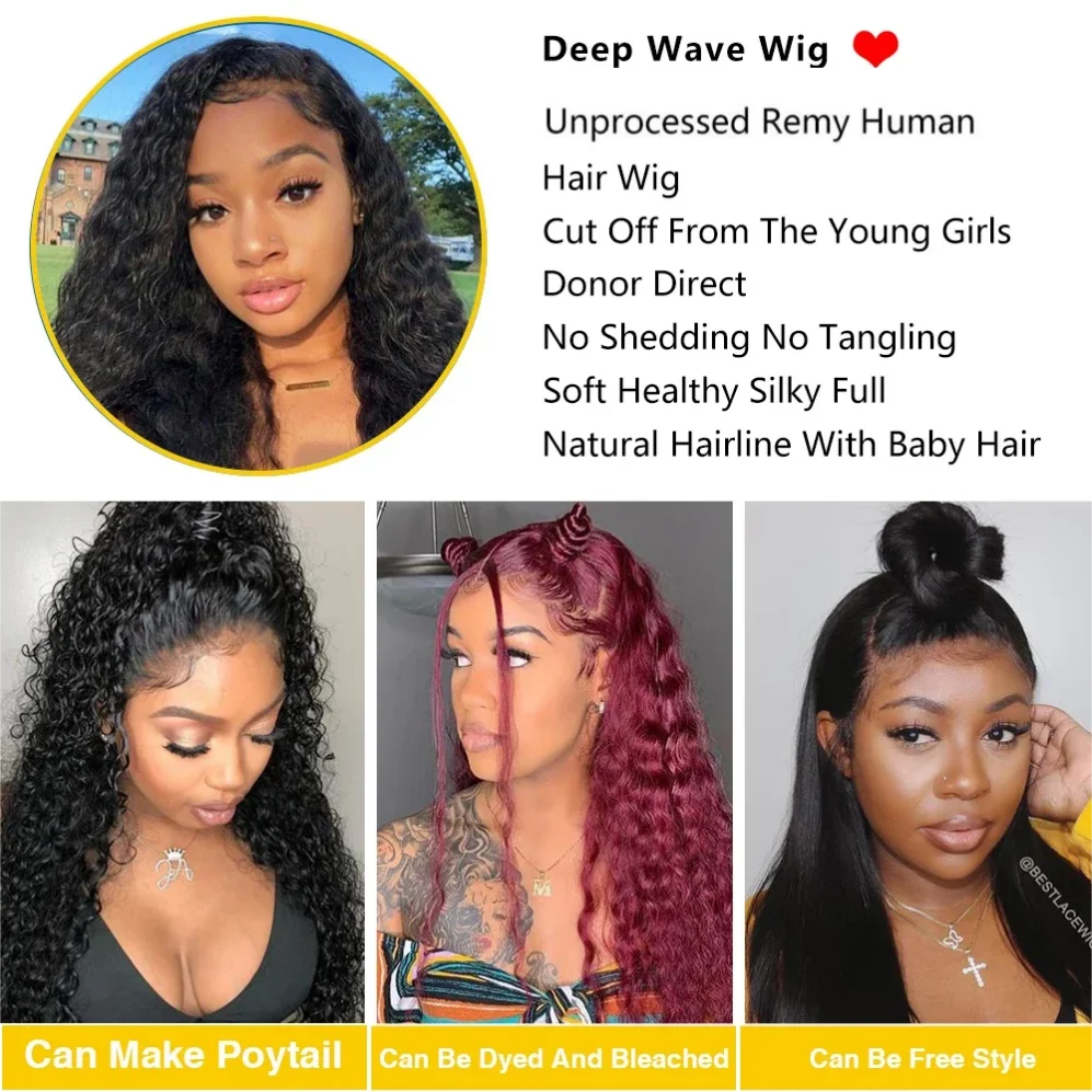 40 46 Inch 13x4 13x6 Full Frontal HD Transparent Lace Long Deep Wave Brazilian Remy Human Hair Pre plucked Wigs 200 Density