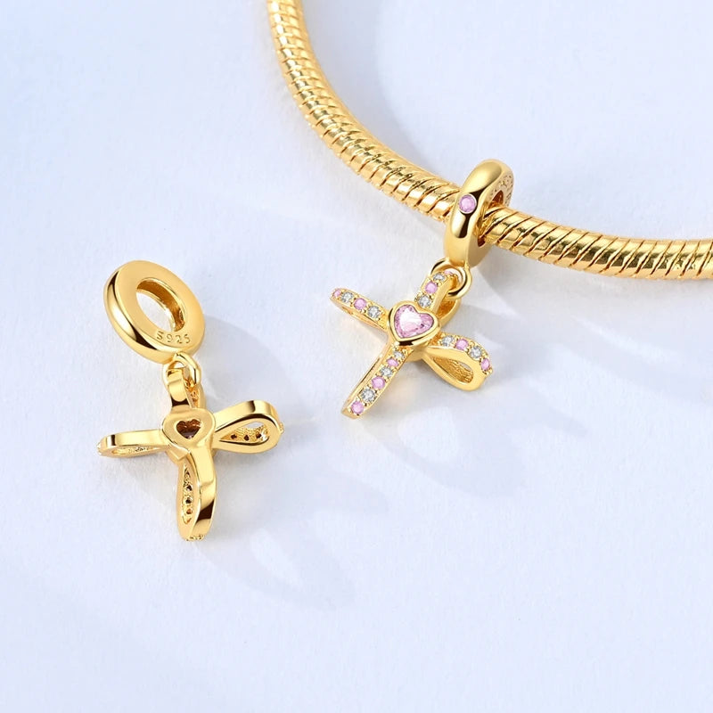 Hot Sales 925 Sterling Silver Golden Series Charms Beads Cross Devil's Eye Bow Charms Pendant Fit Original Bracelet DIY Jewelry