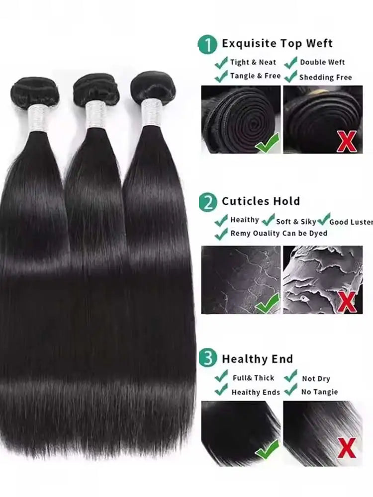 12A Brazilian Long Straight Hair 1/3/4 Bundle Deals Unprocessed Virgin Human Hair Bundles Natural Black Color 12-42 Inches