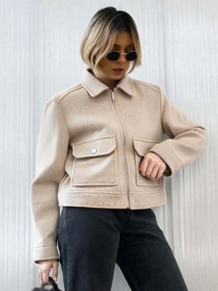 SLTNX Women's Zipper Jacket Coat New Winter Long Sleeve Pocket Outerwear Coat Short Street Elegant Women's Jacket
