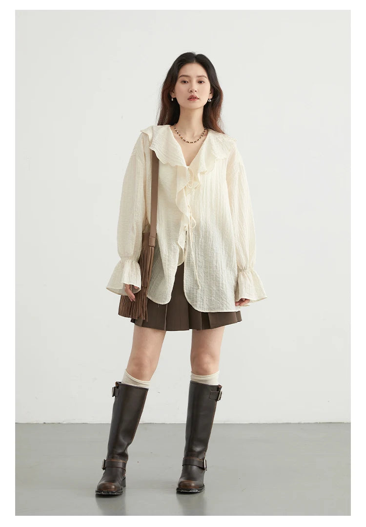 CHIC VEN Women Shirt Loose Casual Ruffled Edges Female Blouses V Neck Lace Up Mid Length Woman Shirts Spring Summer 2026