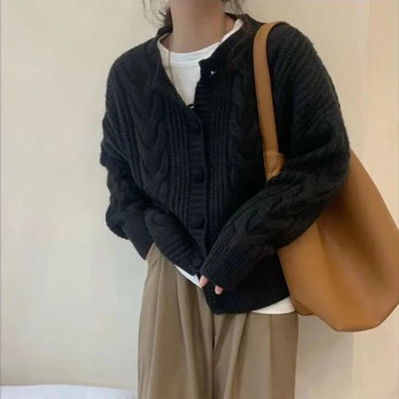 Autumn Twist Knitted Cardigan Womem Winter Thicken Warm O Neck Sweater Jacket Female Solid Button Up Long Sleeve Crop Knitwear