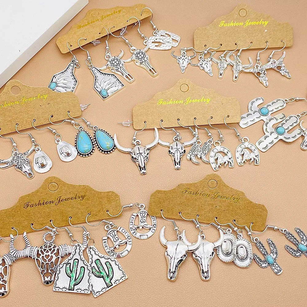Western Retro  Turquoise Bull Head Earrings Cactus Boots Cowboy Hat Alloy Ethnic Style Earrings Set Jewelry for Women