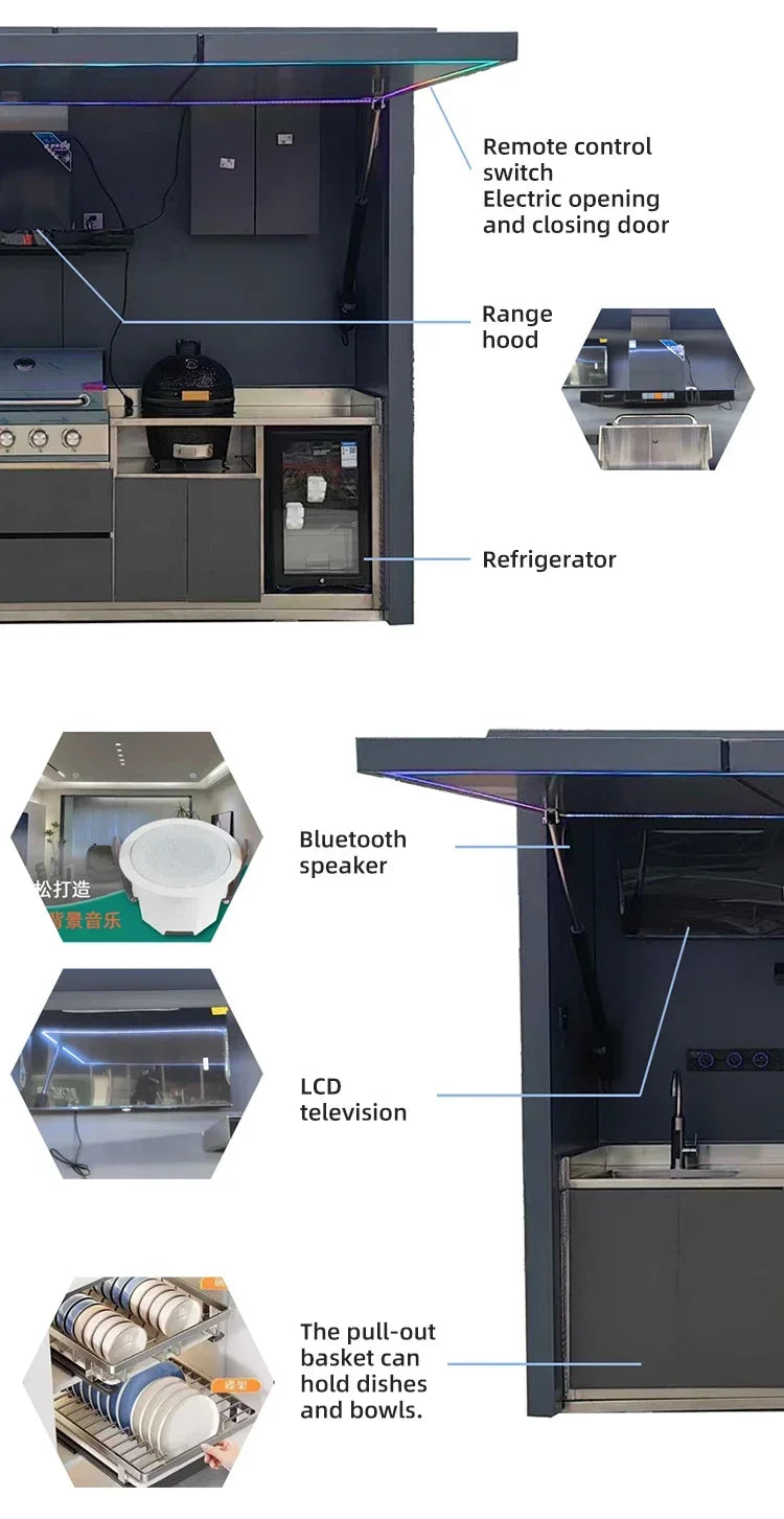 Customized outdoor kitchen in black appearance, affordable cost and stainless steel canopy included
