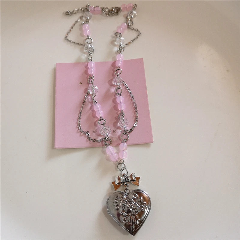 Goth Y2k Aesthetic Heart Locket Pendant Open Female Silver Color Stainless Steel Photo Frame Charm Necklace Women EMO Jewelry