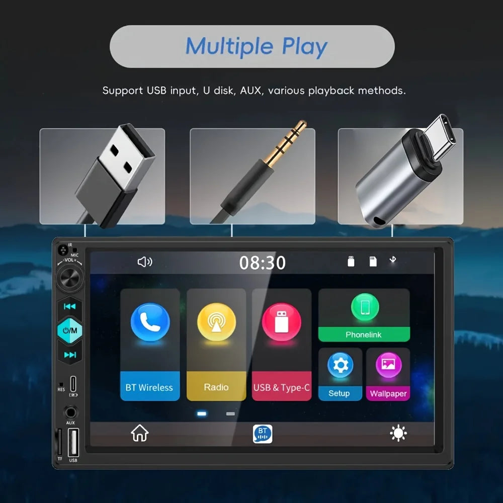 [17.78 cm Support Type-C Car MP5 Player] Double Din Car Stereo Player | with Wireless FM, Type-C/Usb/Tf/Aux Input
