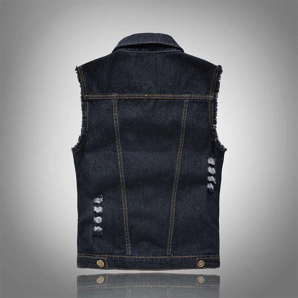 Men Denim Vests Jackets Waistcoats Light Blue Ripped Denim Coats Vests New Fashion Male Cotton Slim Black Jeans Waistcoats 6XL