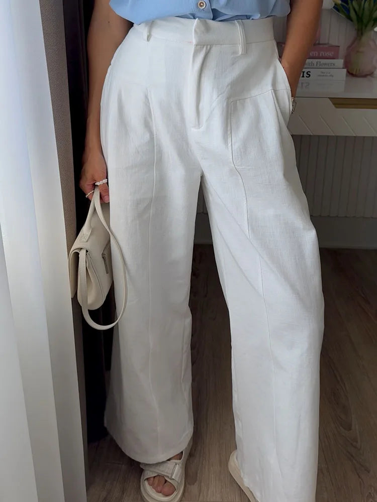 Summer White Pants For Women Cotton Formal High Waist Wide Leg Trousers Ladies Elegant Summer Women's Pants Straight Leg Office