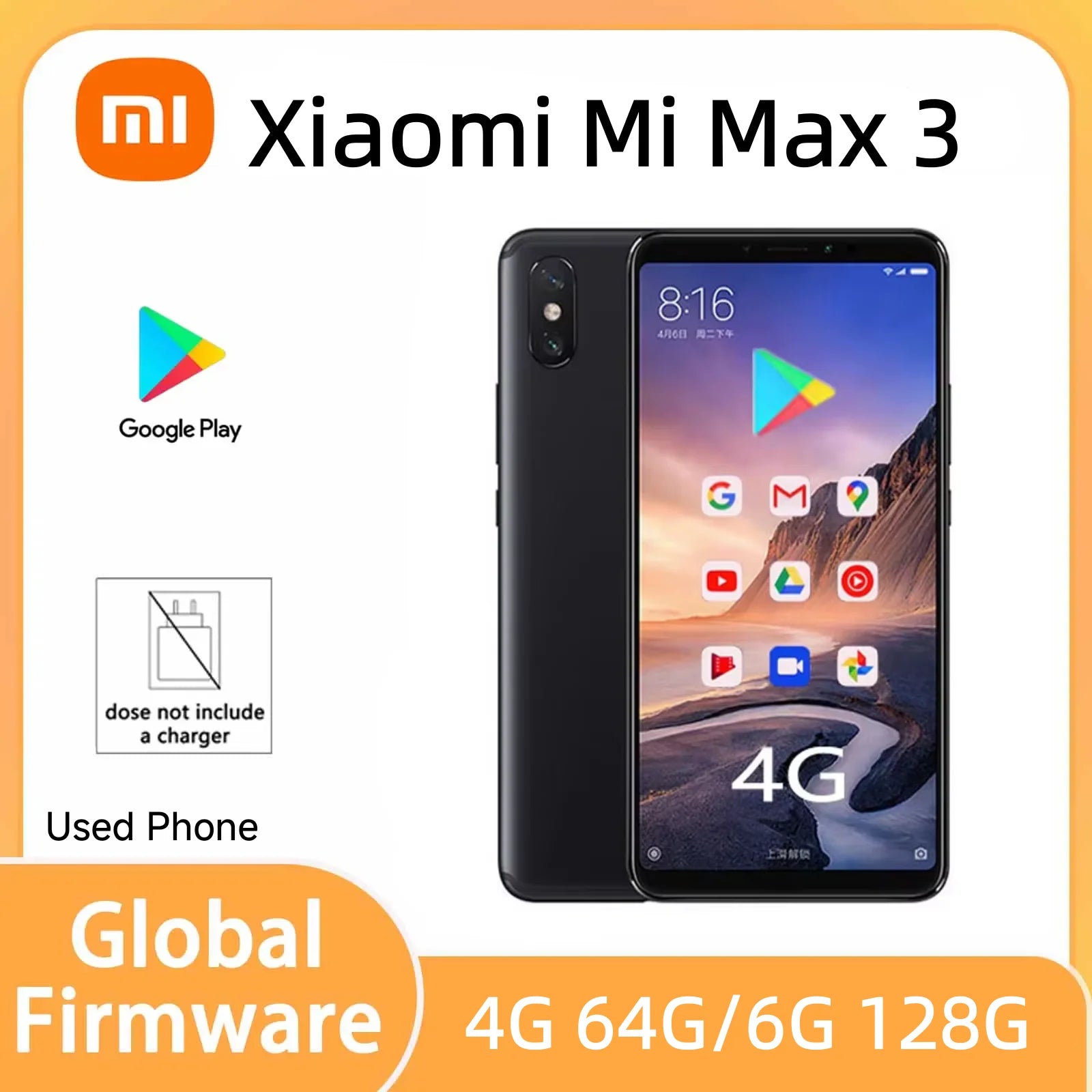 Global Firmware Xiaomi Max 3 Smartphone Snapdragon636 Back Fingerprint 6.9 inch 12MP Bluetooth 5.0 Android Smartphone Used Phone