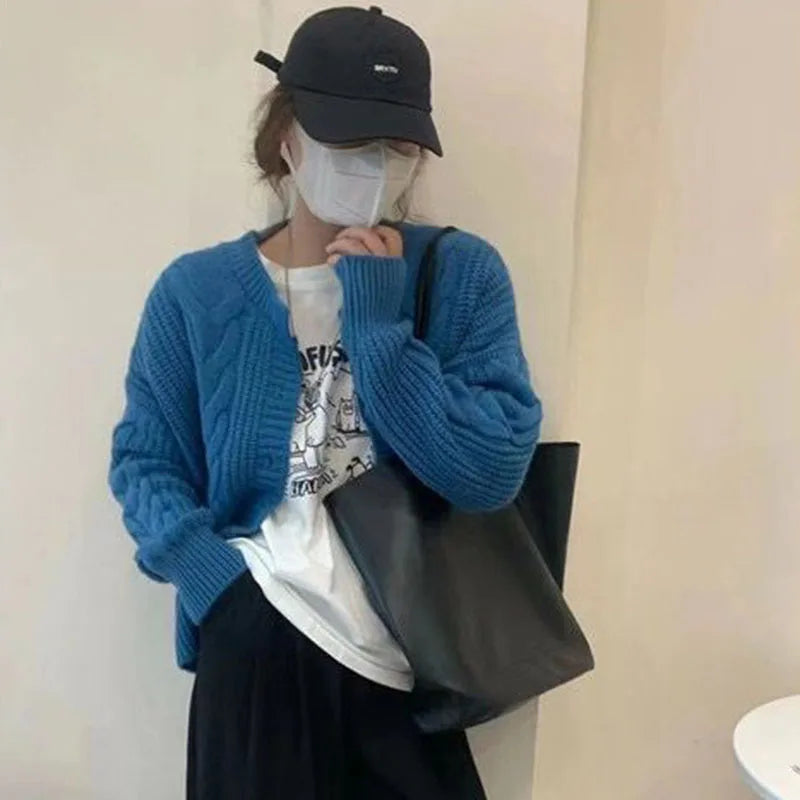 Autumn Twist Knitted Cardigan Womem Winter Thicken Warm O Neck Sweater Jacket Female Solid Button Up Long Sleeve Crop Knitwear