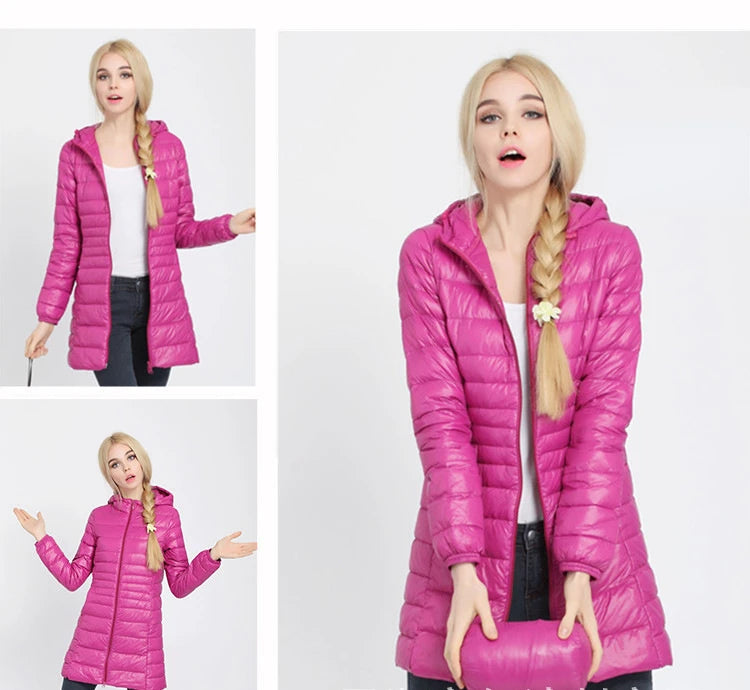 Women Long Warm Light Down Jacket Ladies Fashion Hooded with Portable Storage Bag Puffer Coats Women's Overcoats Hip-Length Coat