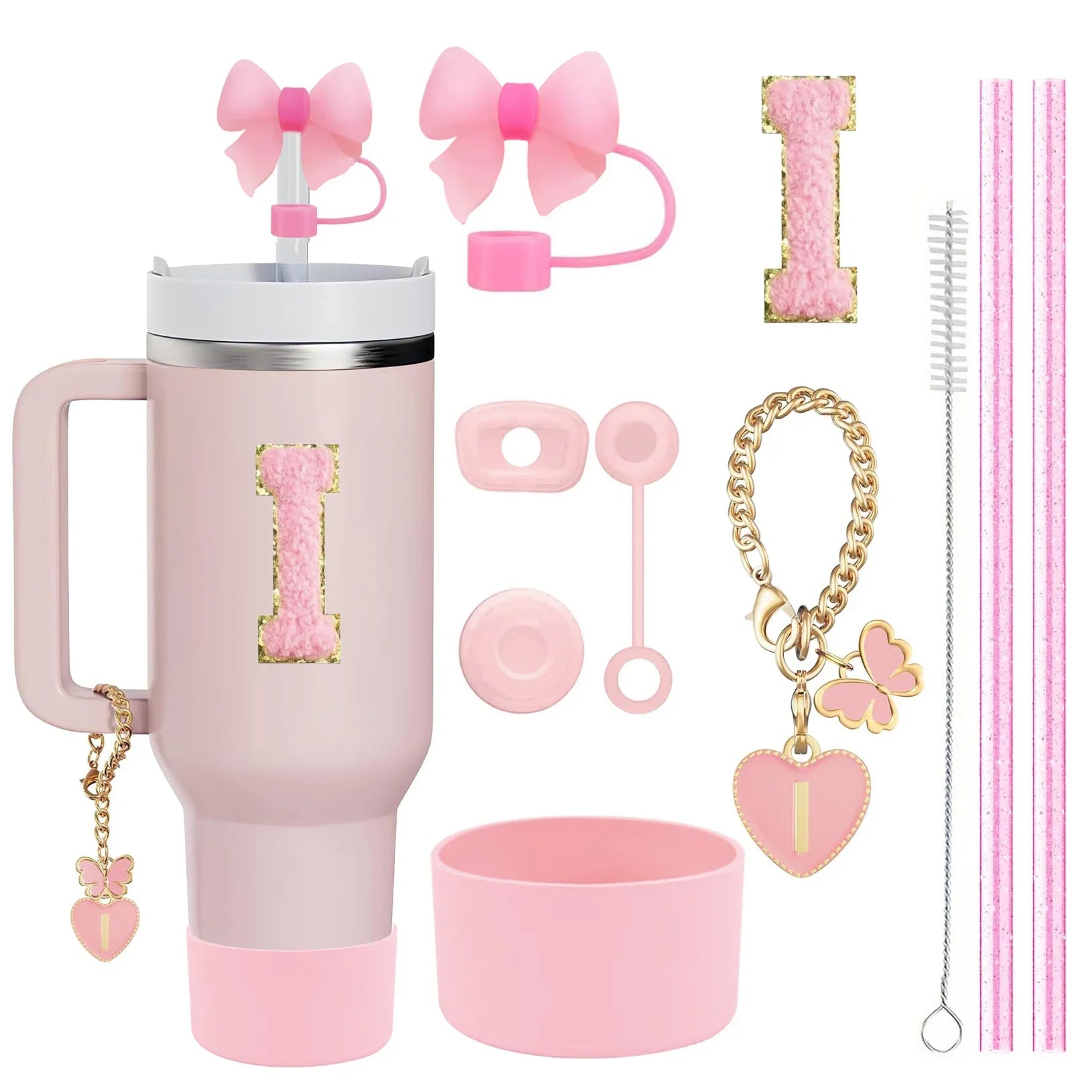 10PCS Accessories Set for Stanley Cup, 2 Straw and Brush and 1 Flower Charm Chain 3 Spill Proof Stopper Flowers Straw Cover Boot