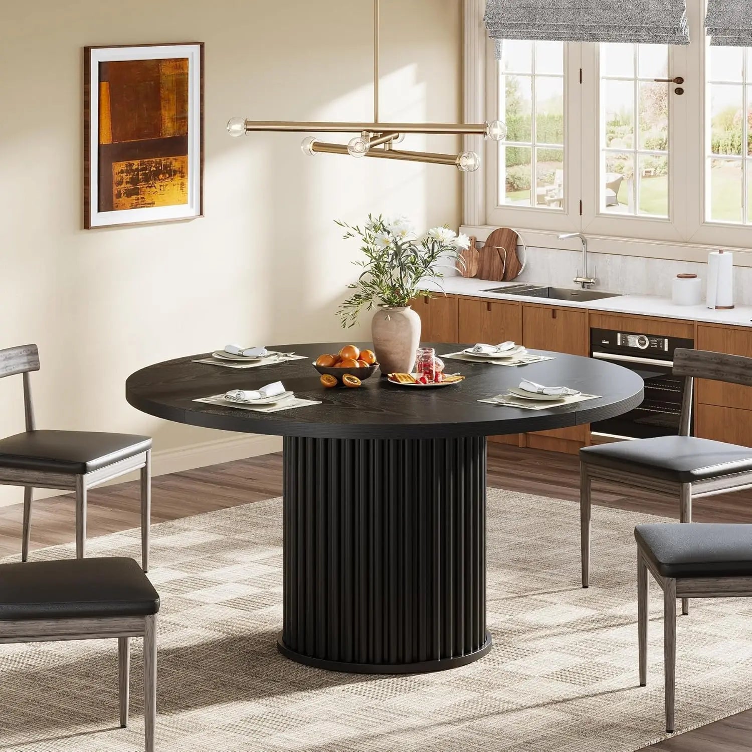 Round Dining Table,Black Dining Table for 4 People, Dining Room Table with Sturdy Metal Frame, Modern Dining Room Furniture