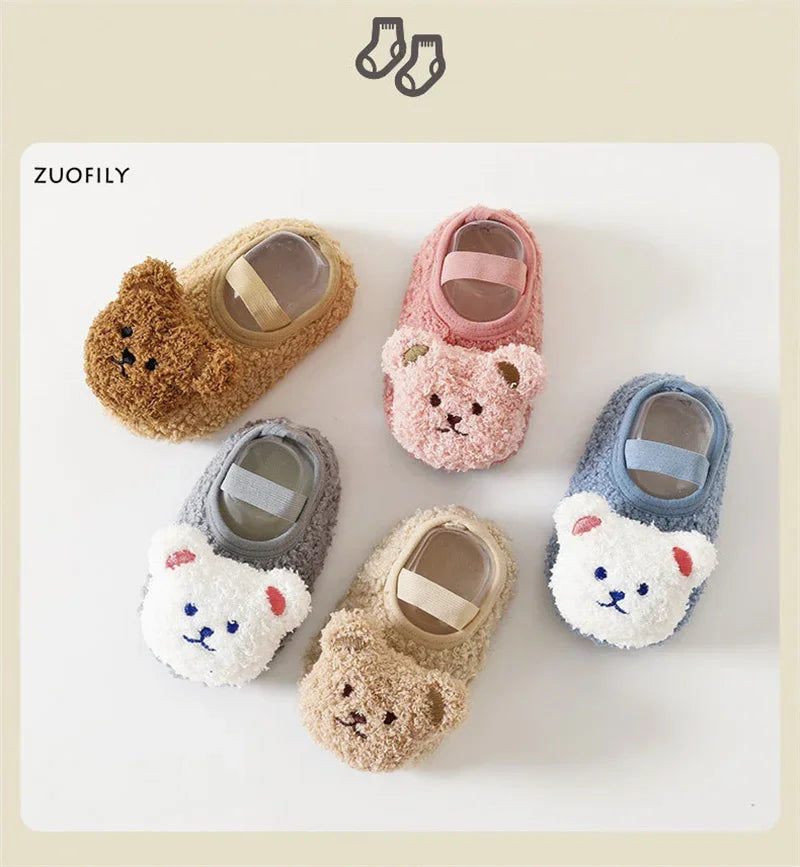 Cartoon Bear Baby Shoes Winter Thick Warm Newborn Shoes Non-slip Soled Soft Plush Toddler Kids Boy Girls Infant First Walkers