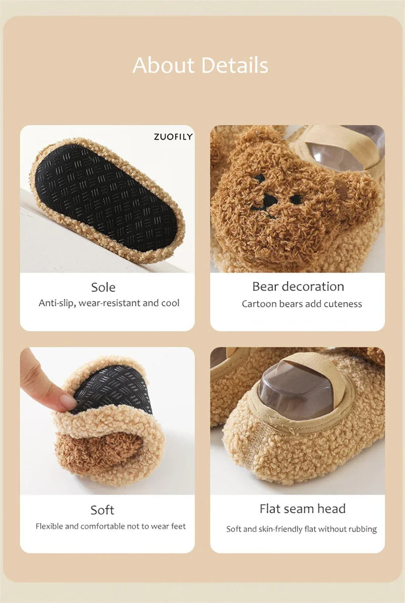 Cartoon Bear Baby Shoes Winter Thick Warm Newborn Shoes Non-slip Soled Soft Plush Toddler Kids Boy Girls Infant First Walkers