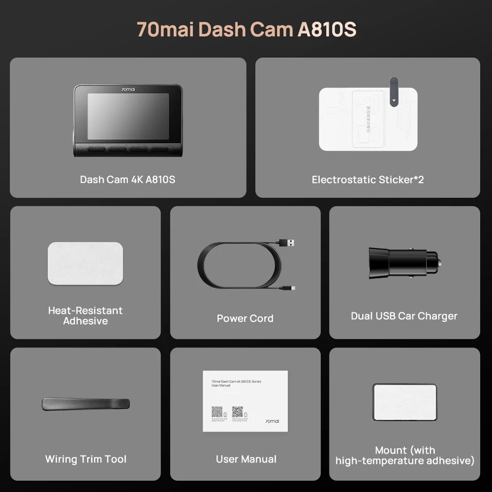 70mai Dash Cam 4K A810S HDR IMX678 Supercapacitor 4G LTE Remote Control Wi-Fi 6 Voice Control GPS ADAS Car Camera 70mai A810S
