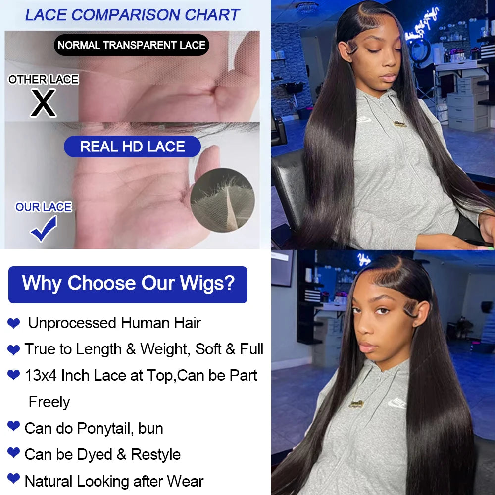 13x4 Bone Straight 250% Density Human Hair Wig 13x6 HD Lace Frontal Wig 40 Inch Natural Black Glueless Lace Front Wig for Women