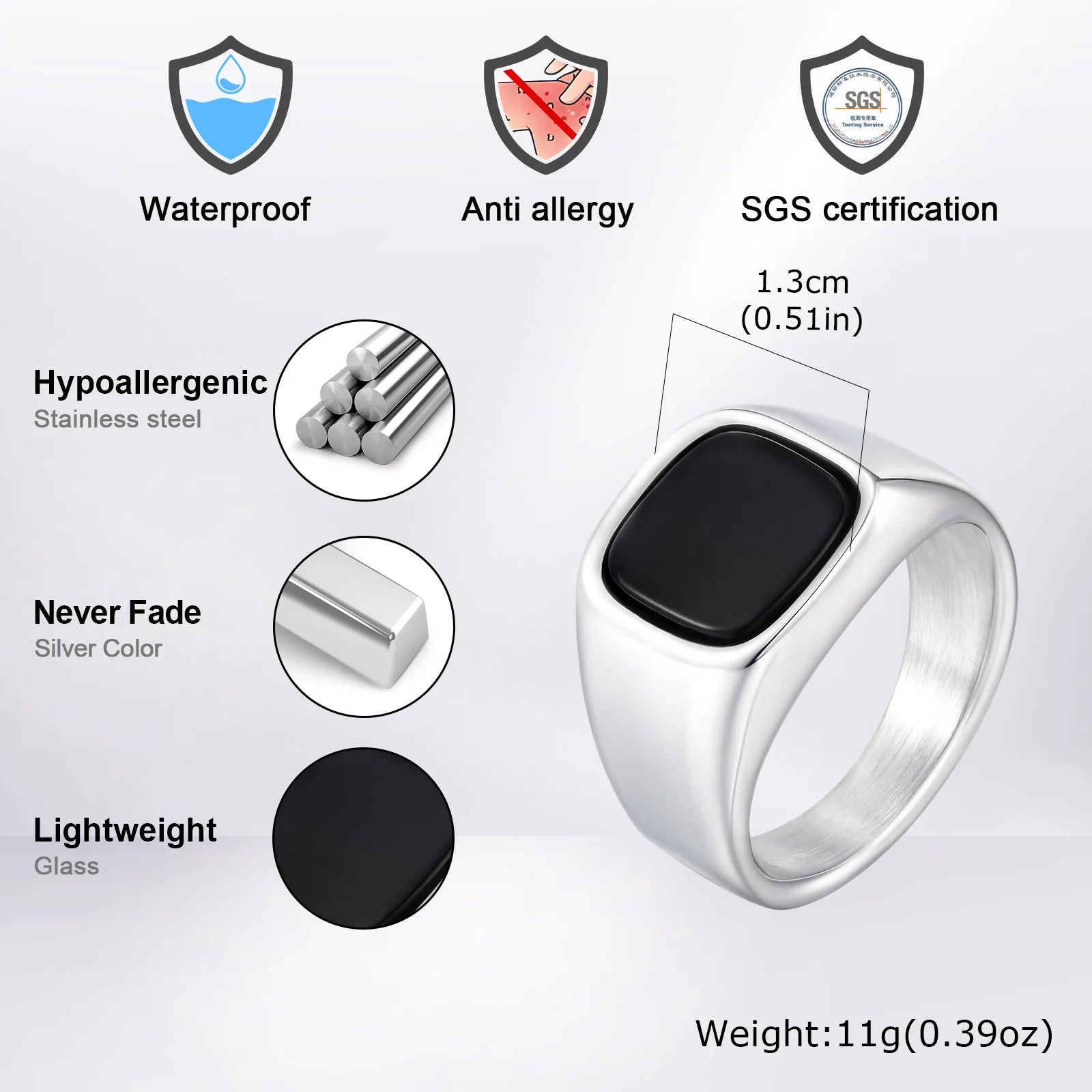 Men's High-Quality Stainless Steel Square Signet Ring with Black Glass And Natural Tiger Eye Stone - Fashion Classic Jewelry