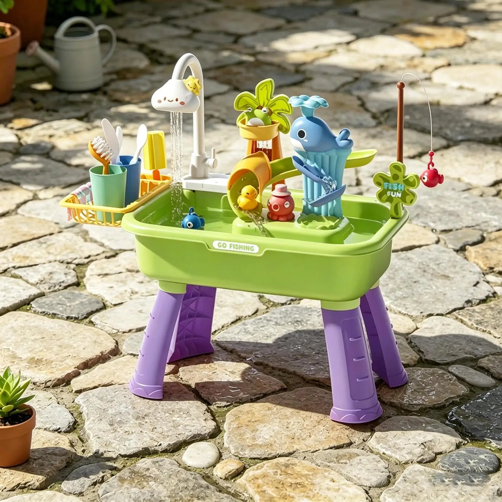 Kitchen Water table Sets with Pump,Tableware & Fishing Game for Kids,Children's Play Sink with Running Water & Electric Faucet