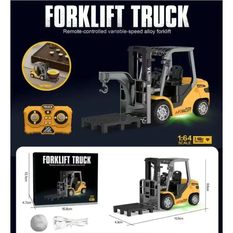 1:64 RC Mini Alloy Car Forklift with Trailer Excavator Desktop Game 2.4G Remote Control Engineering Lift Truck Child's Toy Gifts