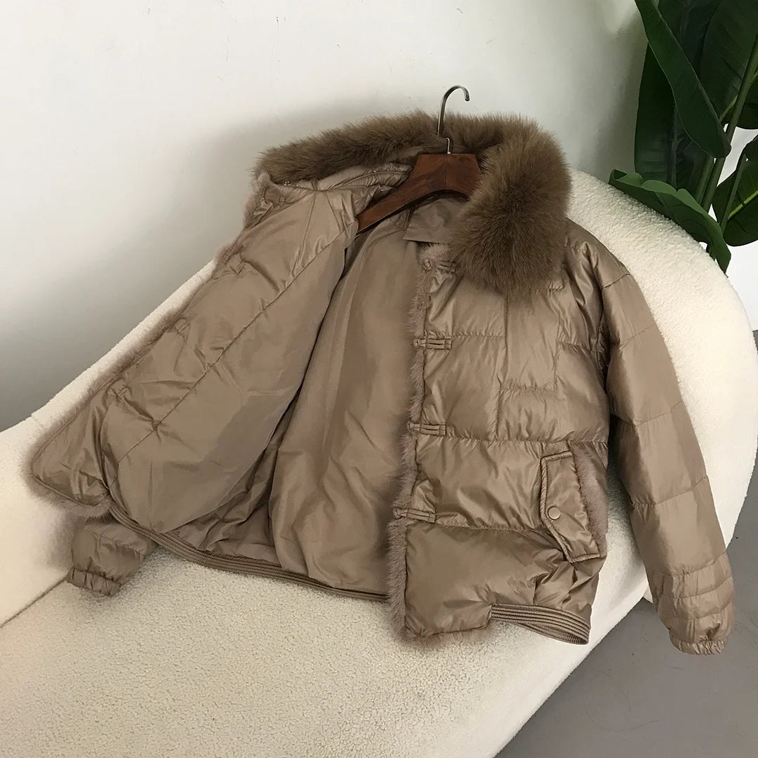 Real Fox Mink Fur Collar Coat Winter Women White Duck Down Jacket Ladies Short Warm Puffer Female Loose Vintage Parka Outerwear