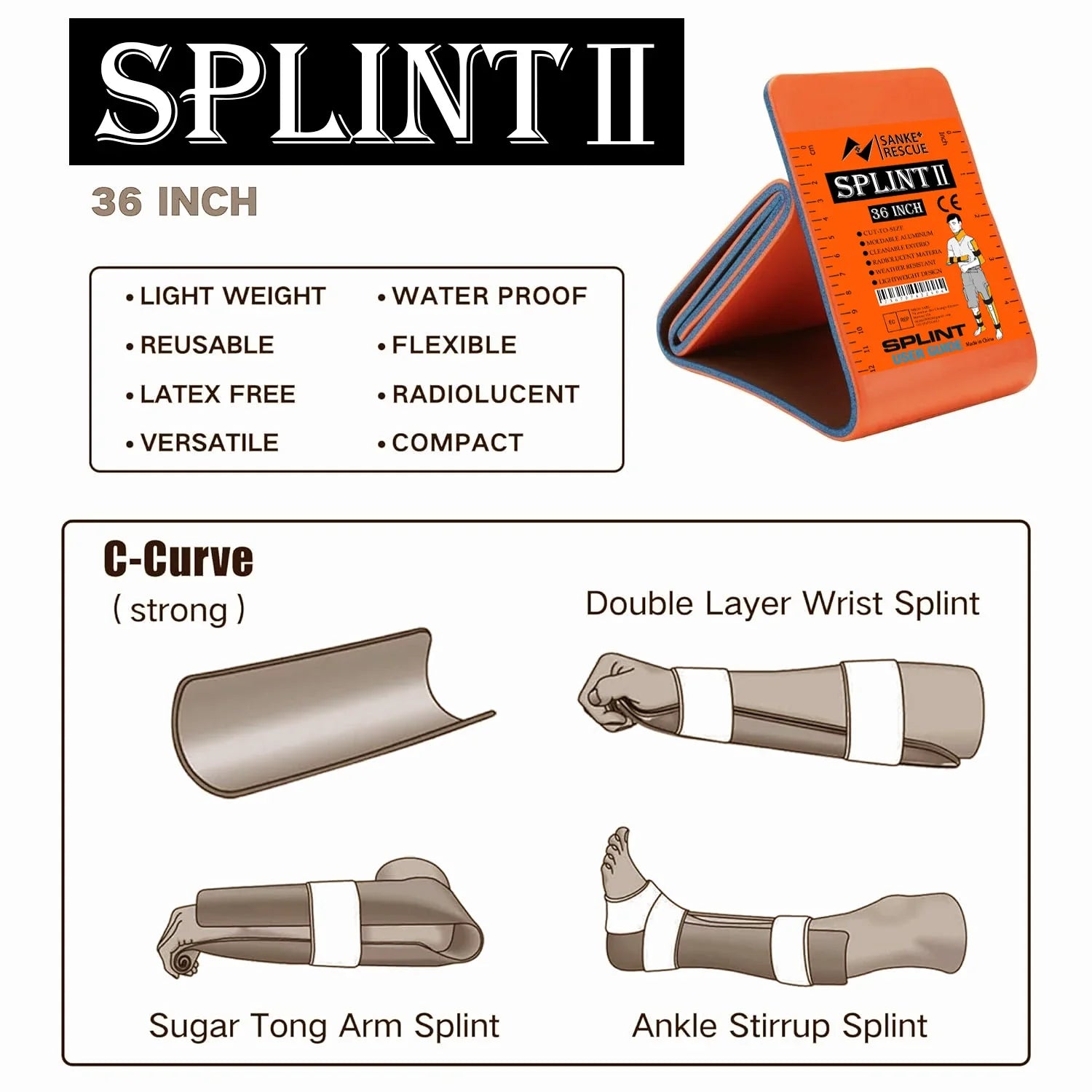 First Aid Splint 36/18"X4.3" SANKE RESCUE Wrist Thumb Support Brace Tendonitis Arthritis ifak Protector Guard Right Left Hand