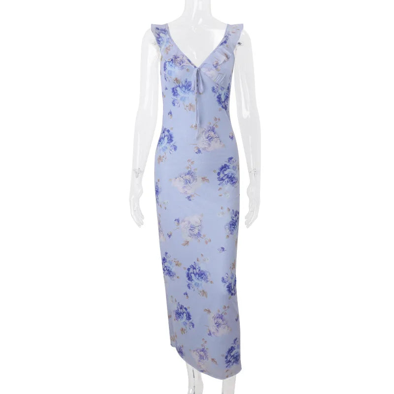 Cryptographic Summer Floral Print Plunge Maxi Dress Outfits Sexy Backless Fairy Sun Dresses Vacation Beachwear Vestido Coquette