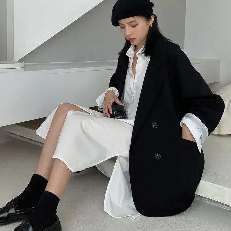 New 2025 Vintage Loose Women Solid Blazer Autumn Chic Double Breasted Female Long Sleeve Suit Jackets Stylish Ladies Blazers