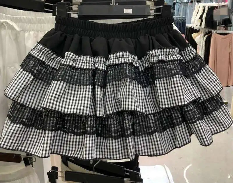 2025 Spring Summer Sweet Cute Lace Patchwork Plaid Cake Short Skirt With Shorts Womem Korean Japan Preppy Style Skirts