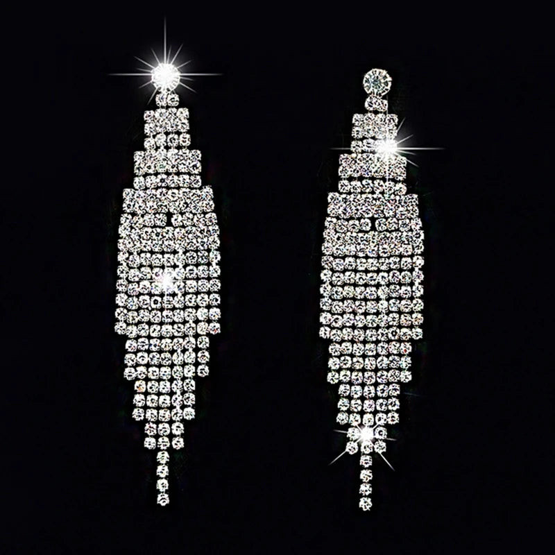 Shiny Crystal Zircon Long Stud Earrings for Women Geometric Hanging Drop Tassel Earring Fashion Party Vintage Pendant Jewelry
