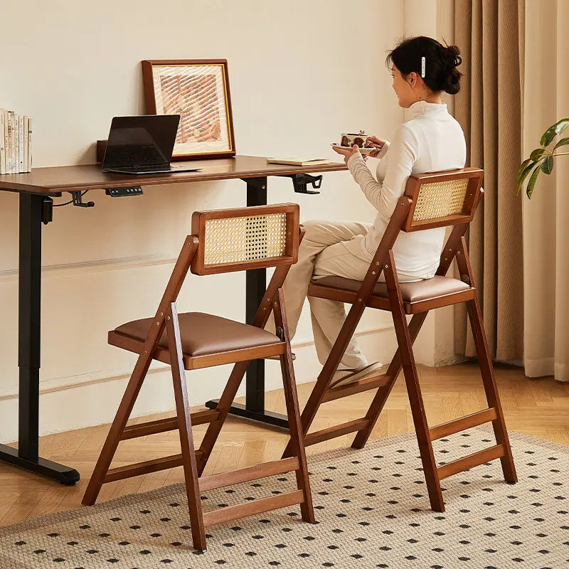 Foldable Wooden Bar Stool High Counter Stool Rattan Back Modern Minimalist Kitchen Island Breakfast Bar Dining Room Furniture