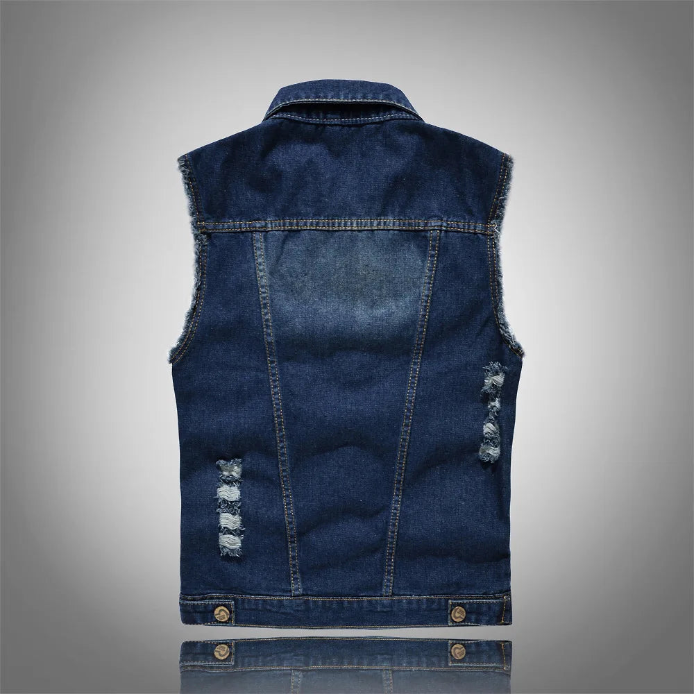 Men Denim Vests Jackets Waistcoats Light Blue Ripped Denim Coats Vests New Fashion Male Cotton Slim Black Jeans Waistcoats 6XL