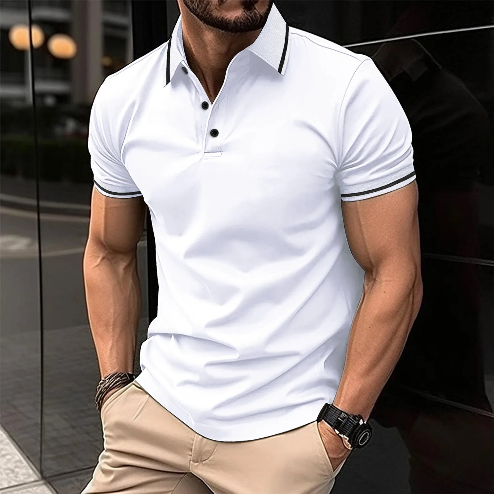 Summer Men'S Shirt, Unbuttoned Ribbed Collar Polo, Sporty Loose Short Sleeves, Basic Style, Comfortable And Breathable, Casual T-Shirt