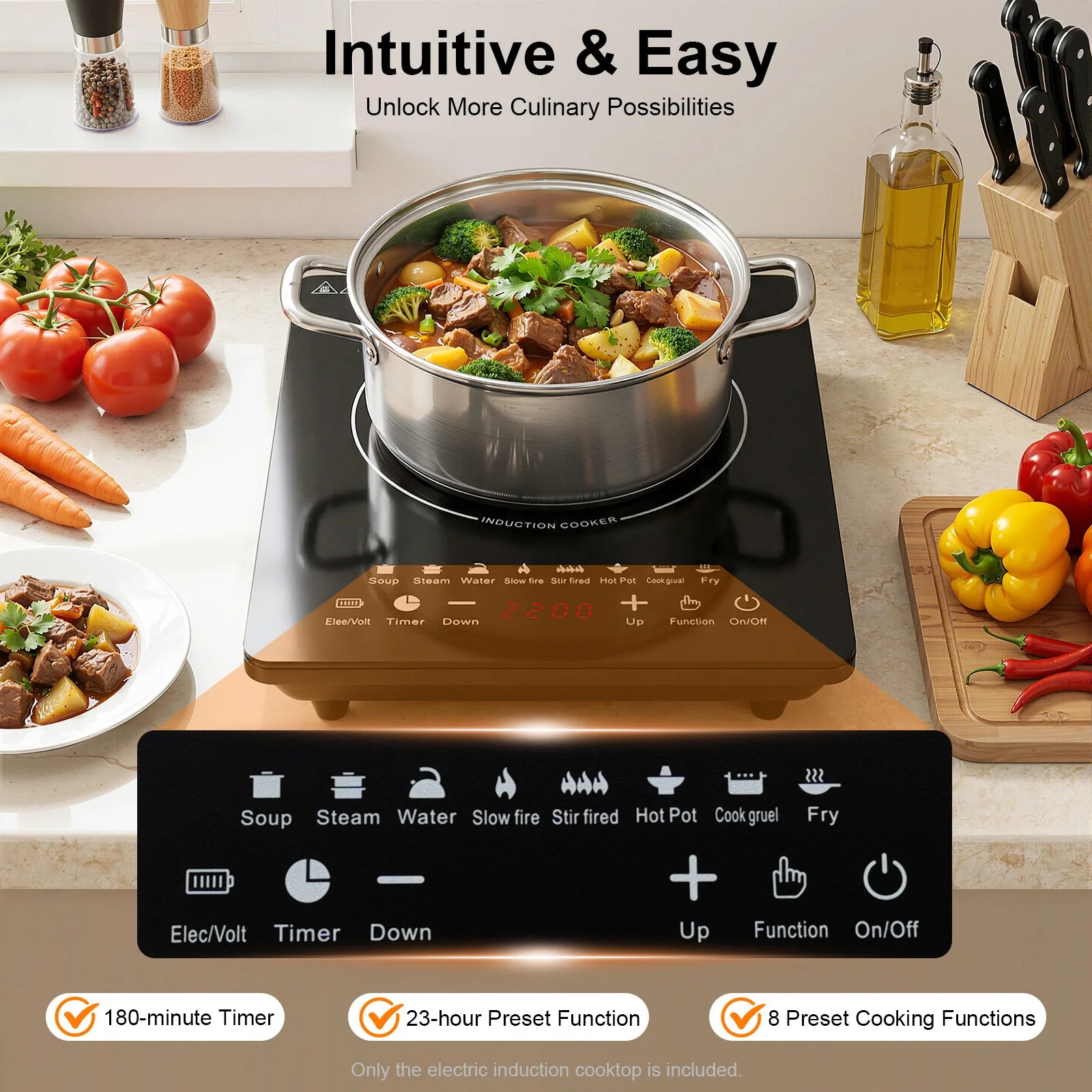750W Electric Induction Cooker Glass PP Body 8 Presets Temp Adjustable for Dorm RV Home Restaurant & Hot Pot Use