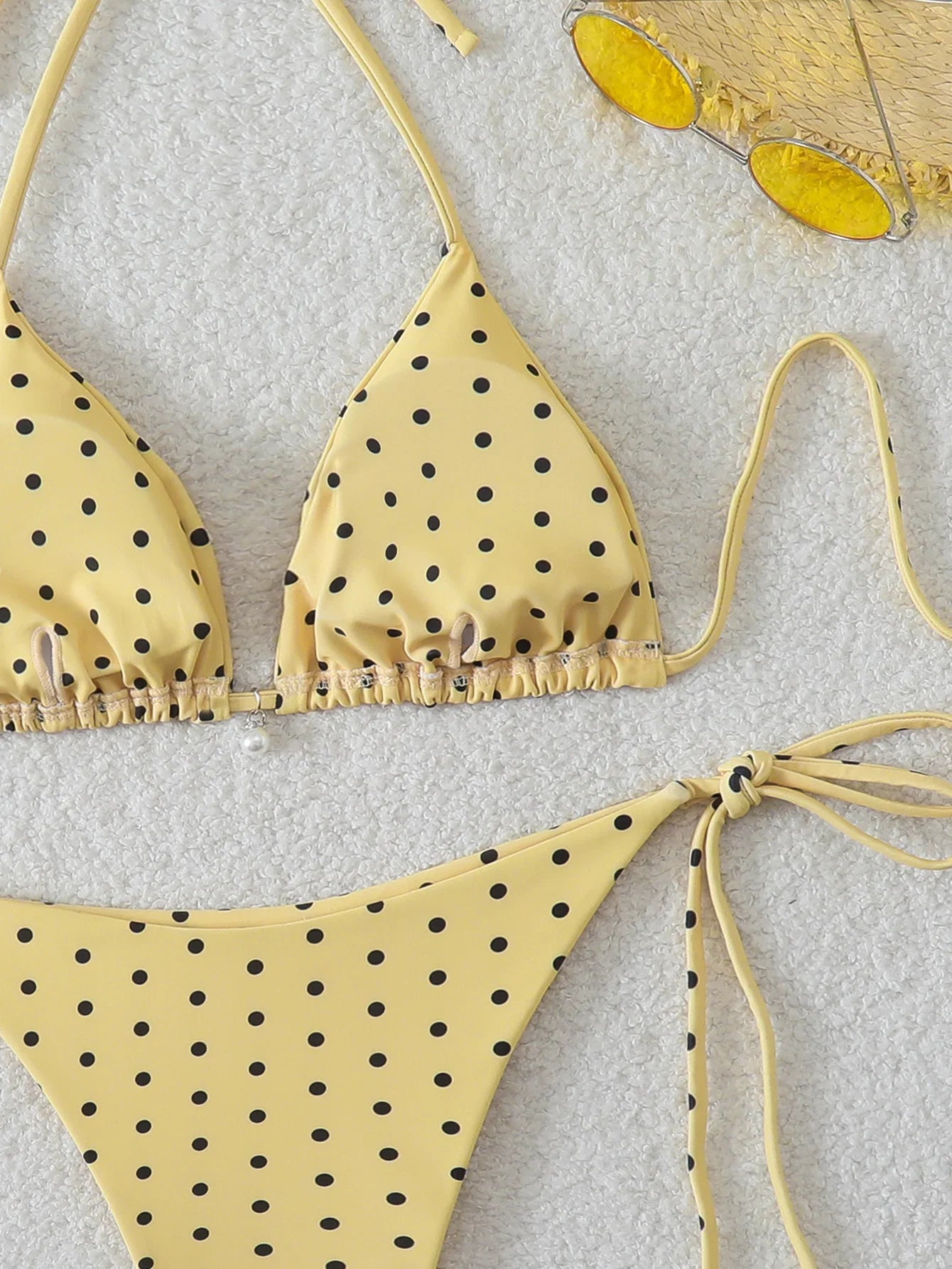 Women's Sexy Polka Dot Halter Bikini Set Lace-Up Low Waist Two-Piece Triangle Thong Swimwear Tie On Side Brazilian Biquinis