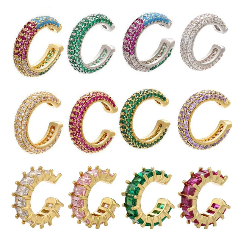 1 Piece Ear Clip on Earring Cuff Rainbow CZ Gold Silver Color Earing Jewelry Aretes Non Pierced Blue Black Clear Clipping