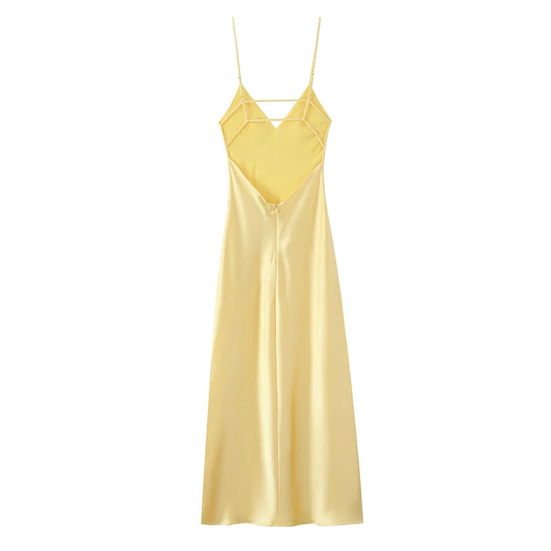HXAO Yellow Dresses Women Satin V Neck Midi Dress Summer Backless Strap Slip Dresses Elegant Evening Party Dress 2025 Vestidos