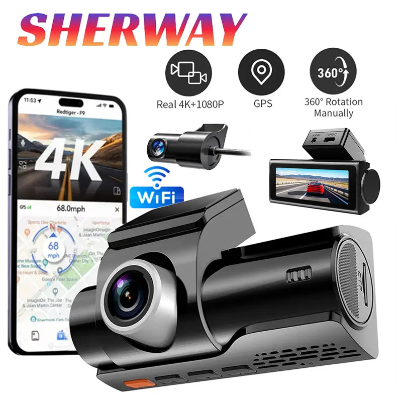 Dash Camera 4K for Cars DVR Dual-Channel HD 1080P Front and Rear GPS Car Camera WDR Night Vision WiFi APP Monitor Video Recorder