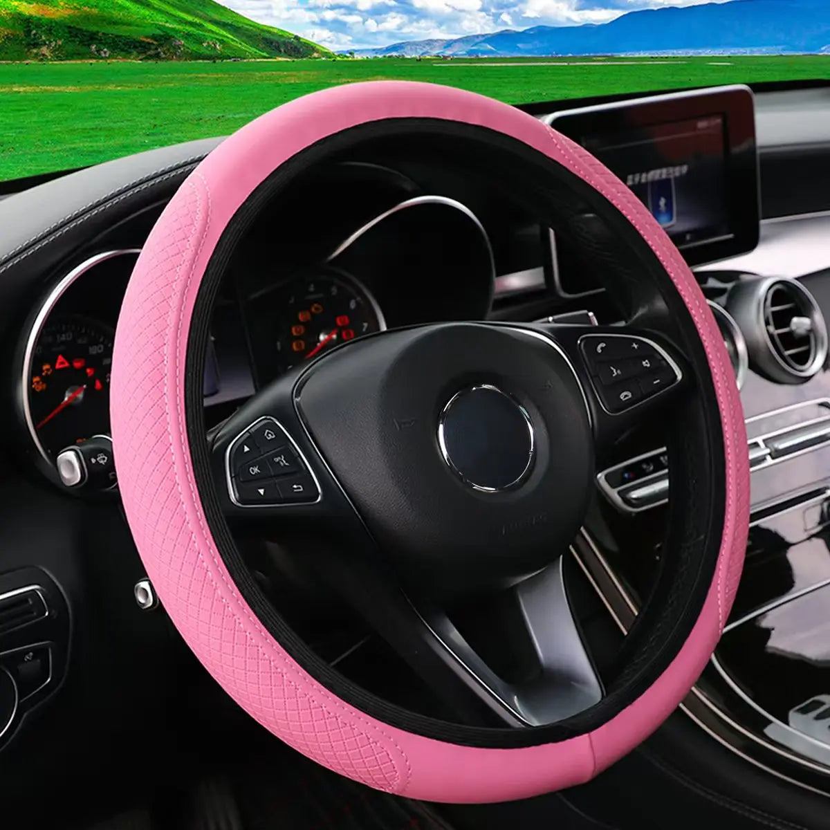 Artificial Leather Three-dimensional Embossed-car without Inner Ring Steering Wheel Cover Auto Parts for 14.5-15 Inches